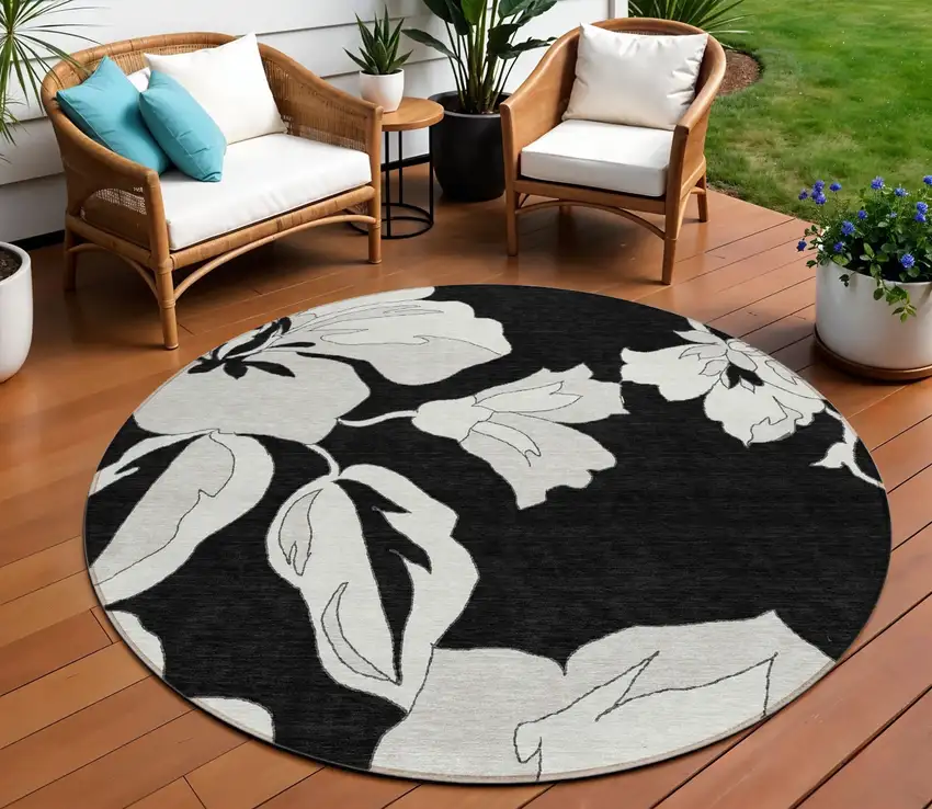 8' Black Gray And Silver Round Floral Washable Indoor Outdoor Area Rug Photo 1