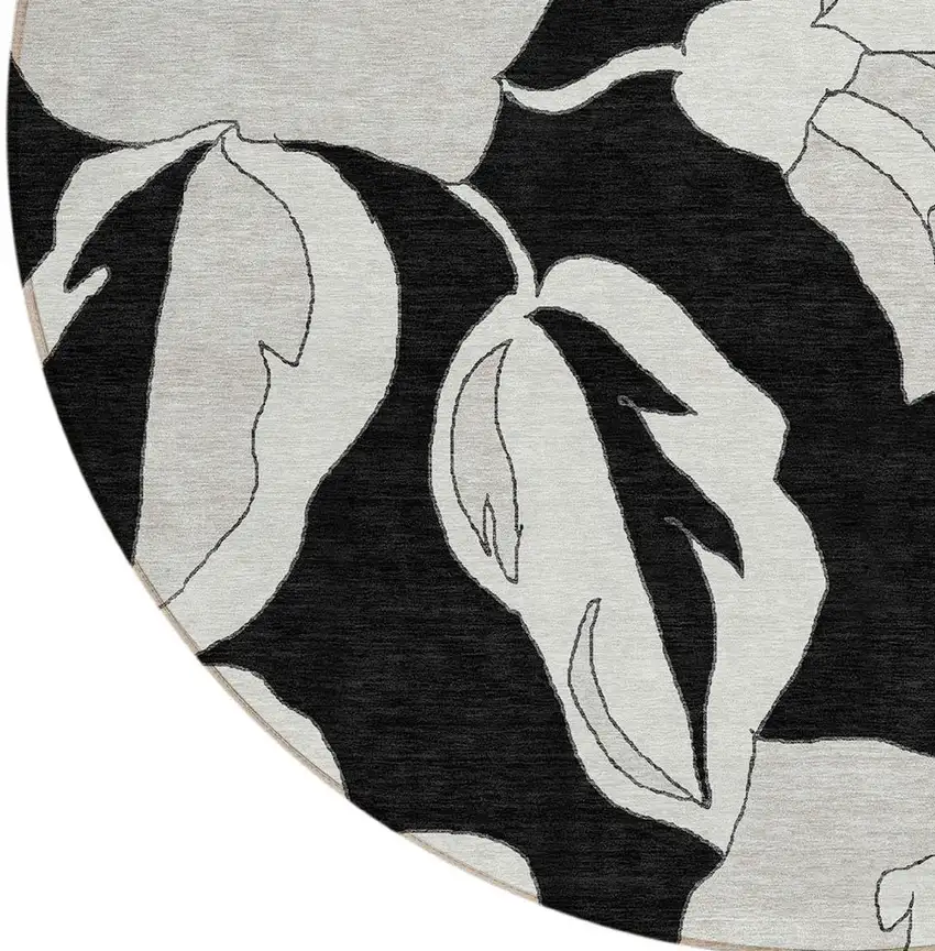 8' Black Gray And Silver Round Floral Washable Indoor Outdoor Area Rug Photo 6