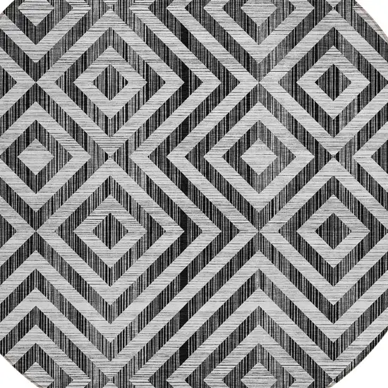 8' Black Gray And Silver Round Geometric Washable Indoor Outdoor Area Rug Photo 4