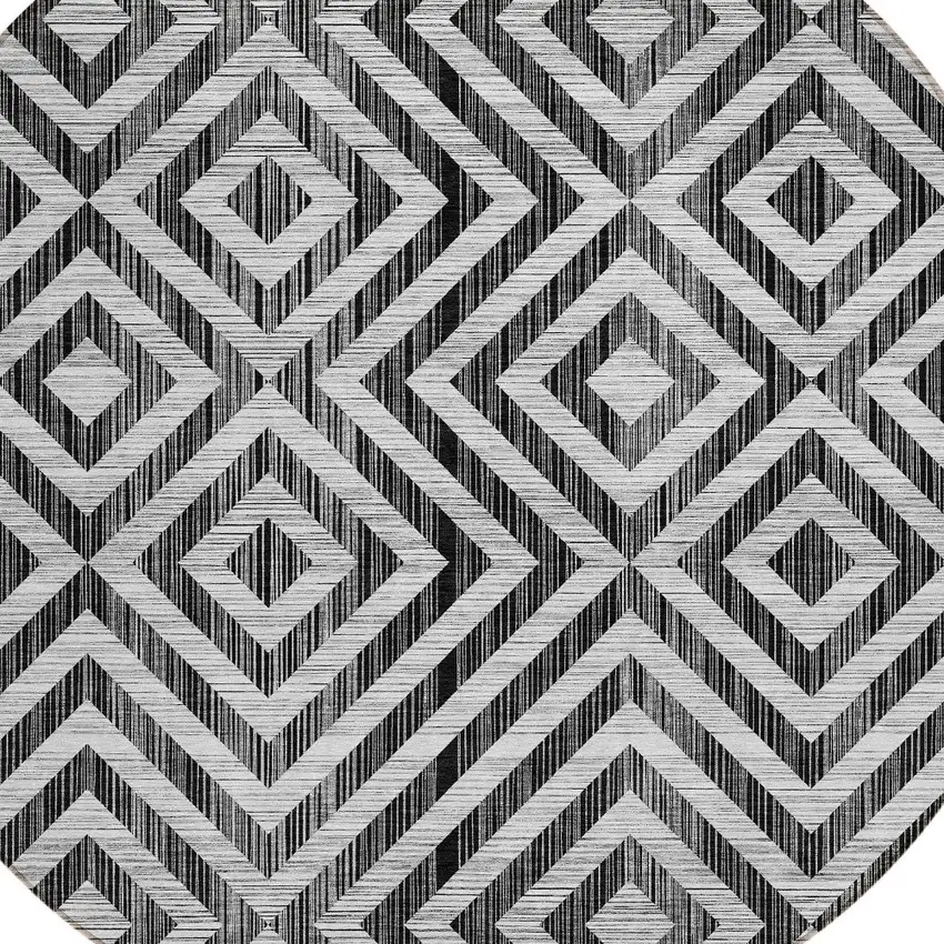 8' Black Gray And Silver Round Geometric Washable Indoor Outdoor Area Rug Photo 4