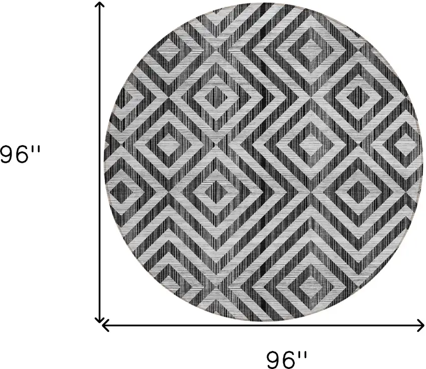 8' Black Gray And Silver Round Geometric Washable Indoor Outdoor Area Rug Photo 9