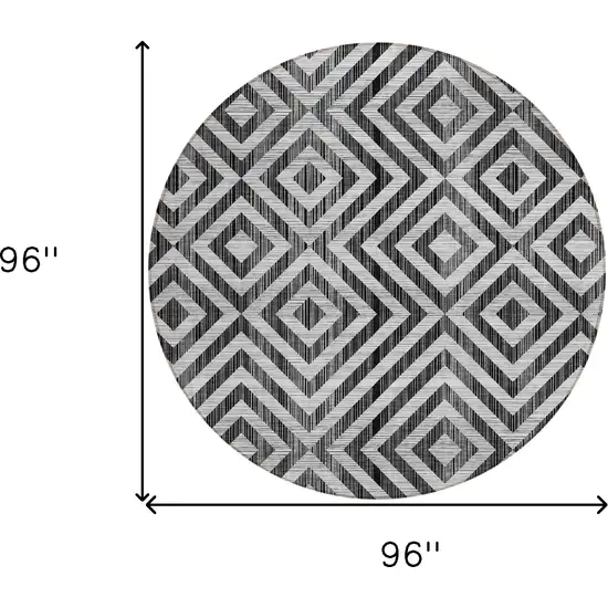8' Black Gray And Silver Round Geometric Washable Indoor Outdoor Area Rug Photo 9