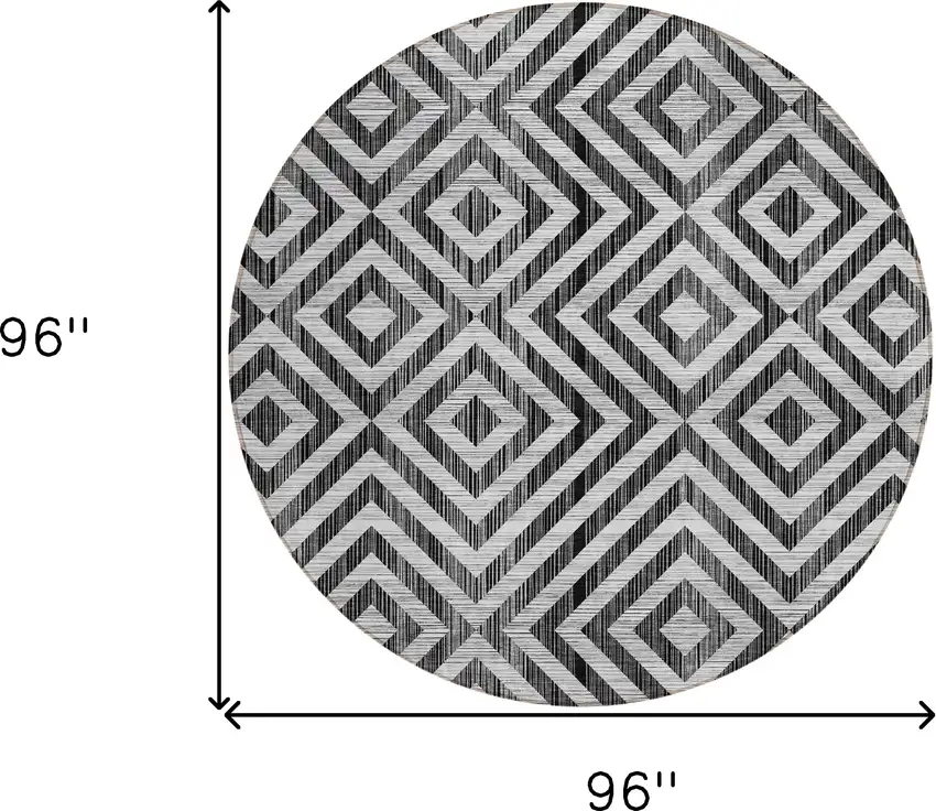 8' Black Gray And Silver Round Geometric Washable Indoor Outdoor Area Rug Photo 9