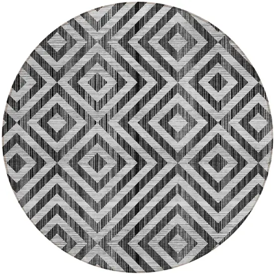 8' Black Gray And Silver Round Geometric Washable Indoor Outdoor Area Rug Photo 1