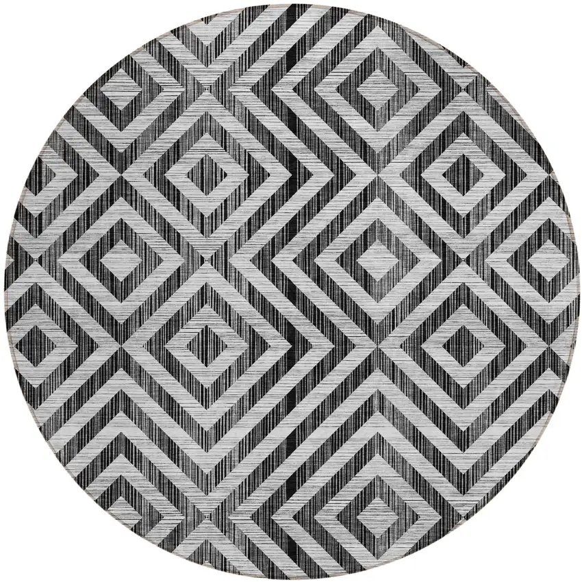 8' Black Gray And Silver Round Geometric Washable Indoor Outdoor Area Rug Photo 1