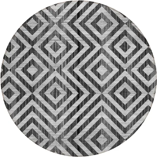 8' Black Gray And Silver Round Geometric Washable Indoor Outdoor Area Rug Photo 1