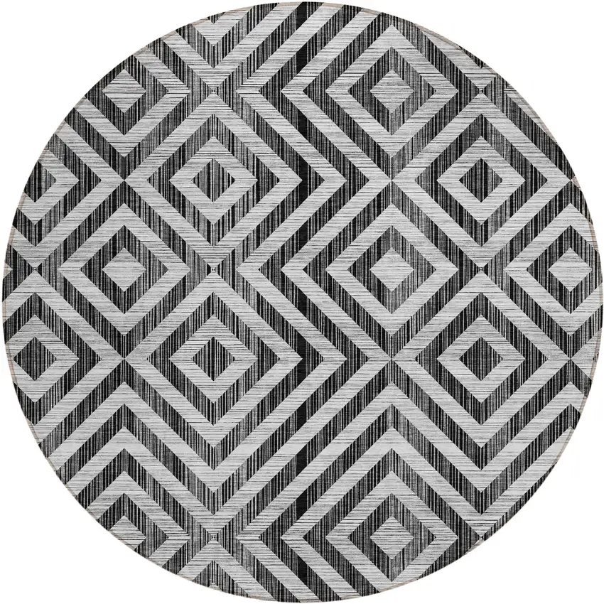 8' Black Gray And Silver Round Geometric Washable Indoor Outdoor Area Rug Photo 1