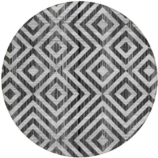 8' Black Gray And Silver Round Geometric Washable Indoor Outdoor Area Rug Photo 6