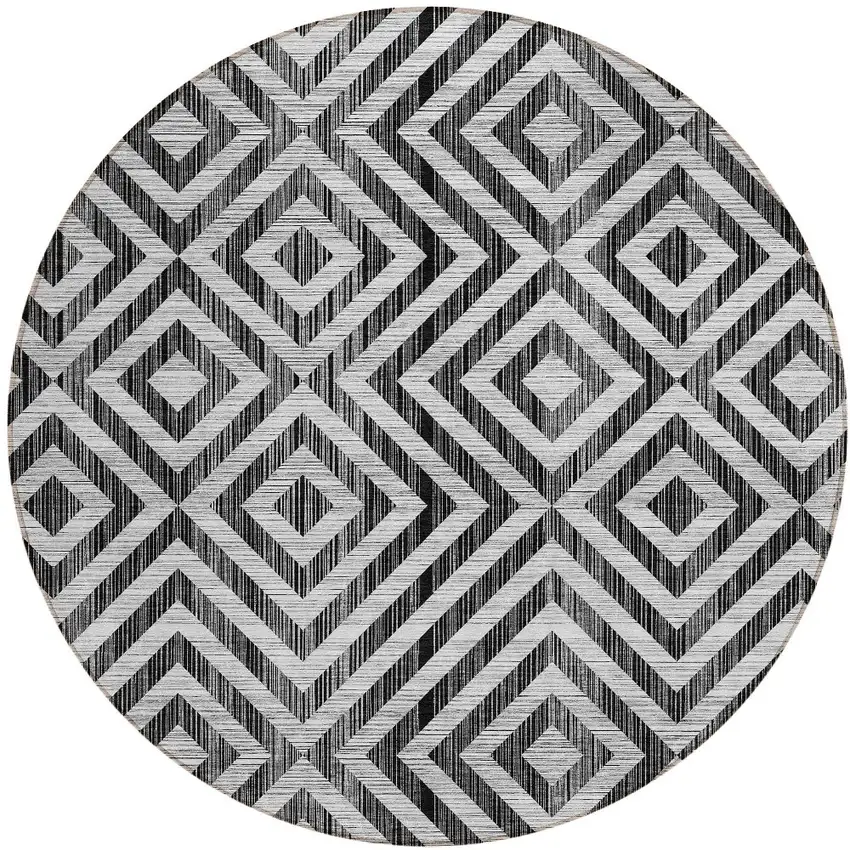 8' Black Gray And Silver Round Geometric Washable Indoor Outdoor Area Rug Photo 6