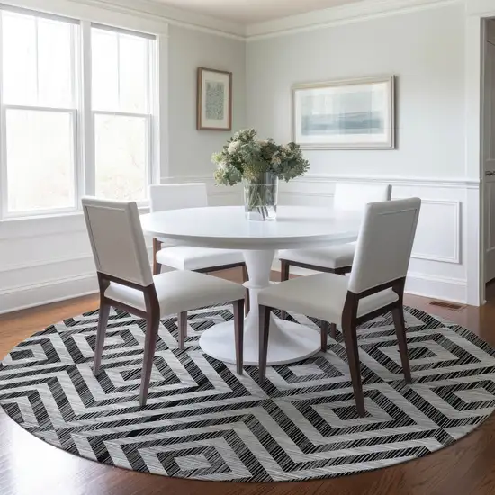 8' Black Gray And Silver Round Geometric Washable Indoor Outdoor Area Rug Photo 8