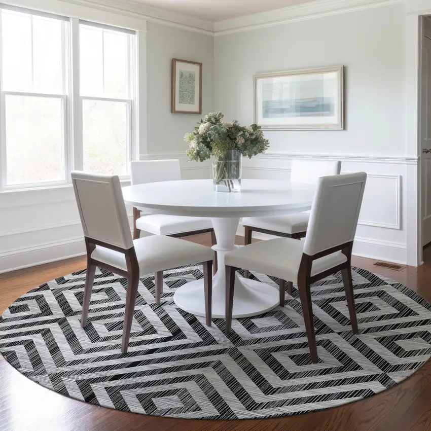 8' Black Gray And Silver Round Geometric Washable Indoor Outdoor Area Rug Photo 8