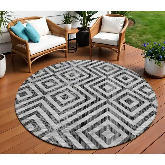 8' Black Gray And Silver Round Geometric Washable Indoor Outdoor Area Rug Photo 1