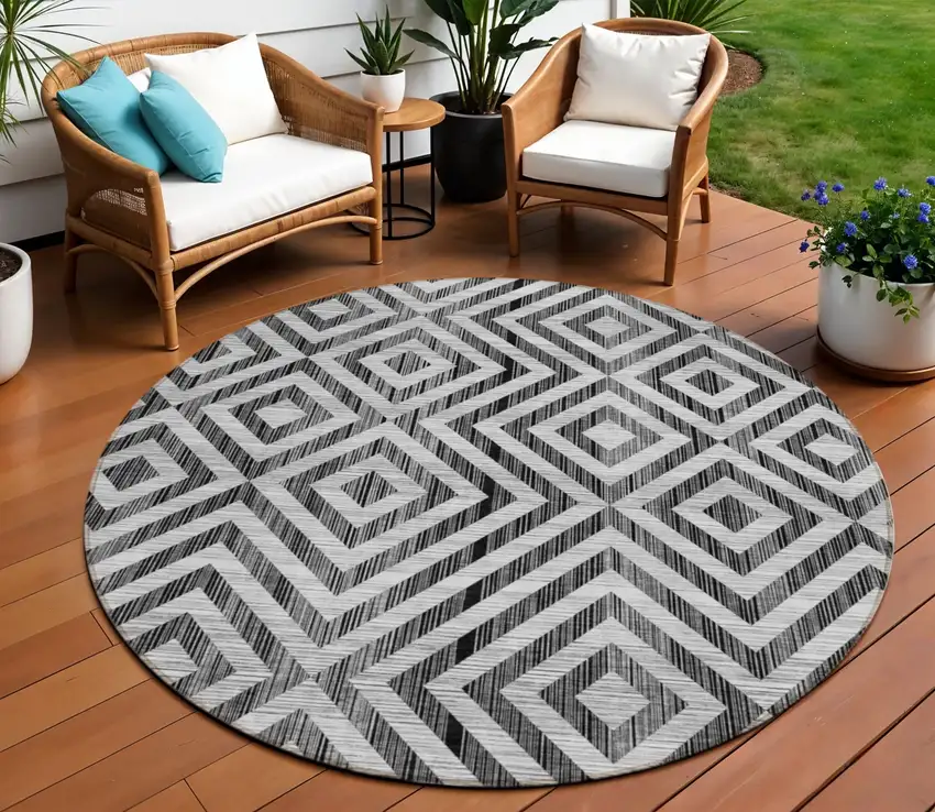 8' Black Gray And Silver Round Geometric Washable Indoor Outdoor Area Rug Photo 1