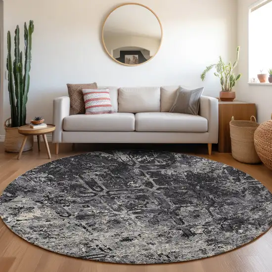 8' Black Gray And Silver Round Geometric Washable Indoor Outdoor Area Rug Photo 7