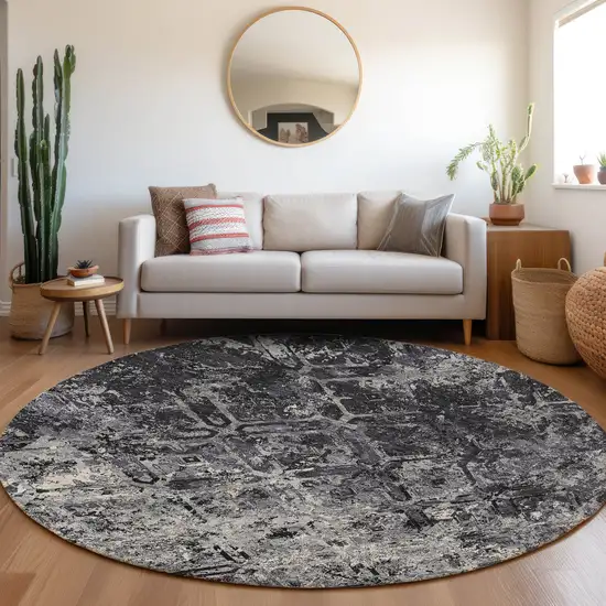 8' Black Gray And Silver Round Geometric Washable Indoor Outdoor Area Rug Photo 7
