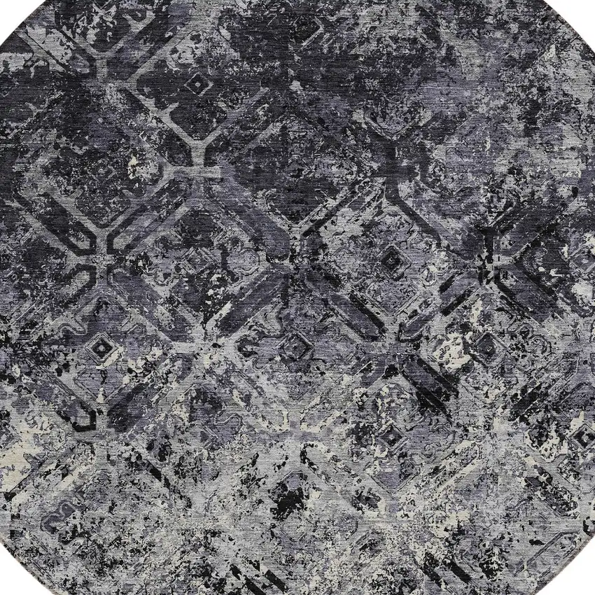 8' Black Gray And Silver Round Geometric Washable Indoor Outdoor Area Rug Photo 4