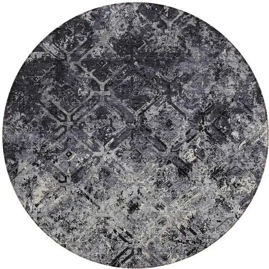 8' Black Gray And Silver Round Geometric Washable Indoor Outdoor Area Rug Photo 5