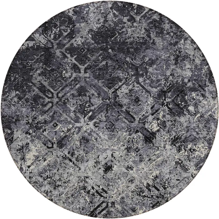 8' Black Gray And Silver Round Geometric Washable Indoor Outdoor Area Rug Photo 1