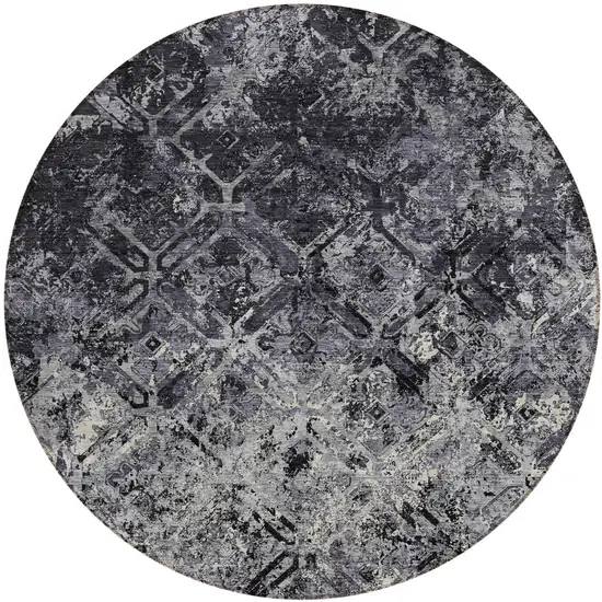 8' Black Gray And Silver Round Geometric Washable Indoor Outdoor Area Rug Photo 1