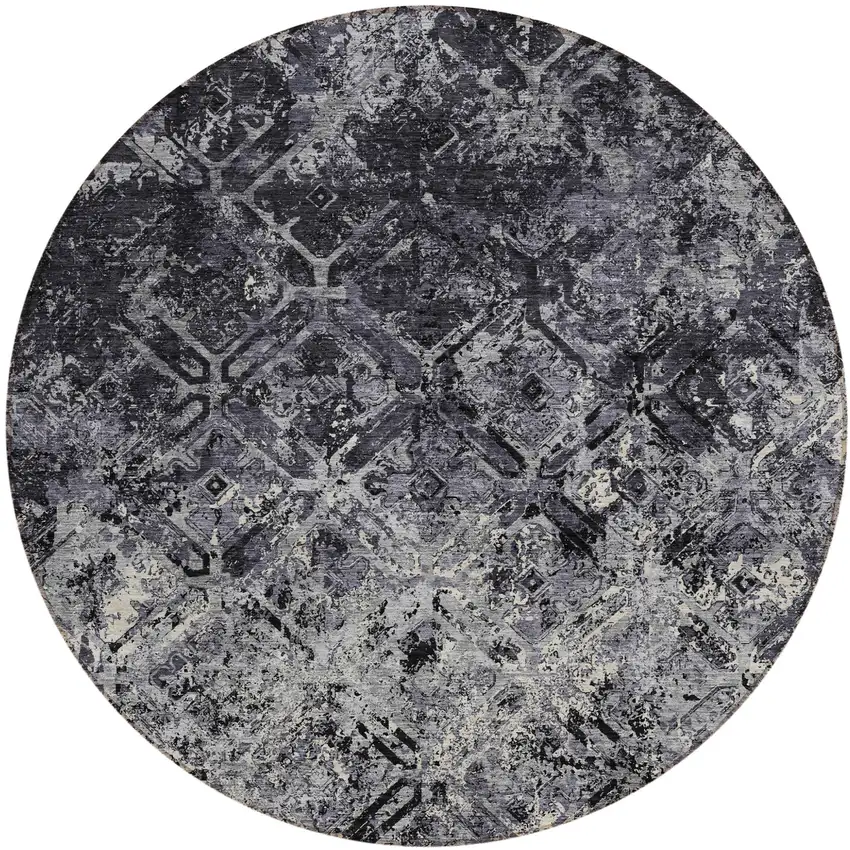 8' Black Gray And Silver Round Geometric Washable Indoor Outdoor Area Rug Photo 1