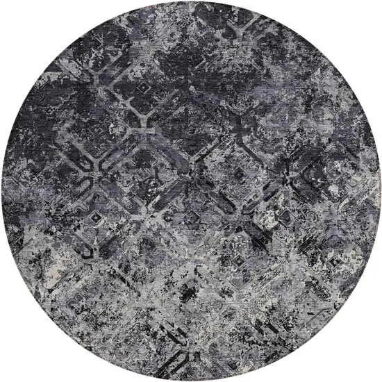 8' Black Gray And Silver Round Geometric Washable Indoor Outdoor Area Rug Photo 1