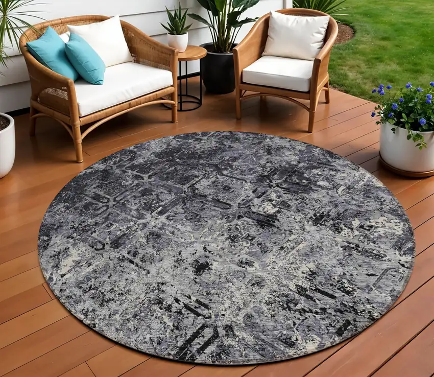 8' Black Gray And Silver Round Geometric Washable Indoor Outdoor Area Rug Photo 1
