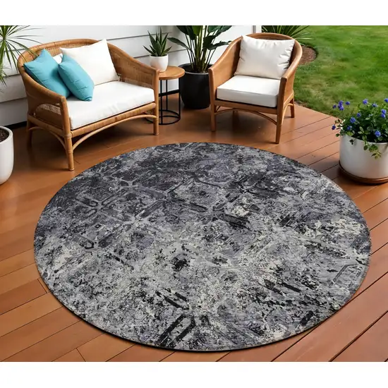 8' Black Gray And Silver Round Geometric Washable Indoor Outdoor Area Rug Photo 1