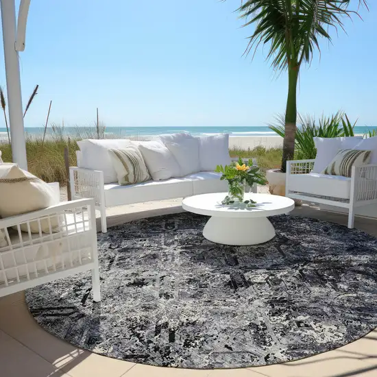 8' Black Gray And Silver Round Geometric Washable Indoor Outdoor Area Rug Photo 6