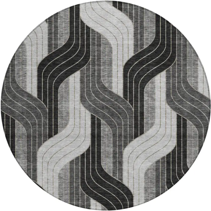 8' Black Gray And Silver Round Striped Washable Indoor Outdoor Area Rug Photo 1