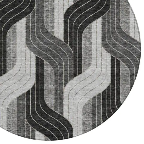 8' Black Gray And Silver Round Striped Washable Indoor Outdoor Area Rug Photo 2