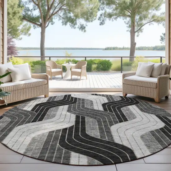 8' Black Gray And Silver Round Striped Washable Indoor Outdoor Area Rug Photo 4