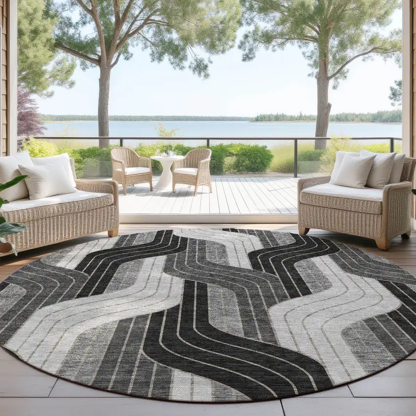 8' Black Gray And Silver Round Striped Washable Indoor Outdoor Area Rug Photo 4