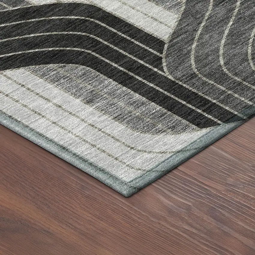 8' Black Gray And Silver Round Striped Washable Indoor Outdoor Area Rug Photo 8