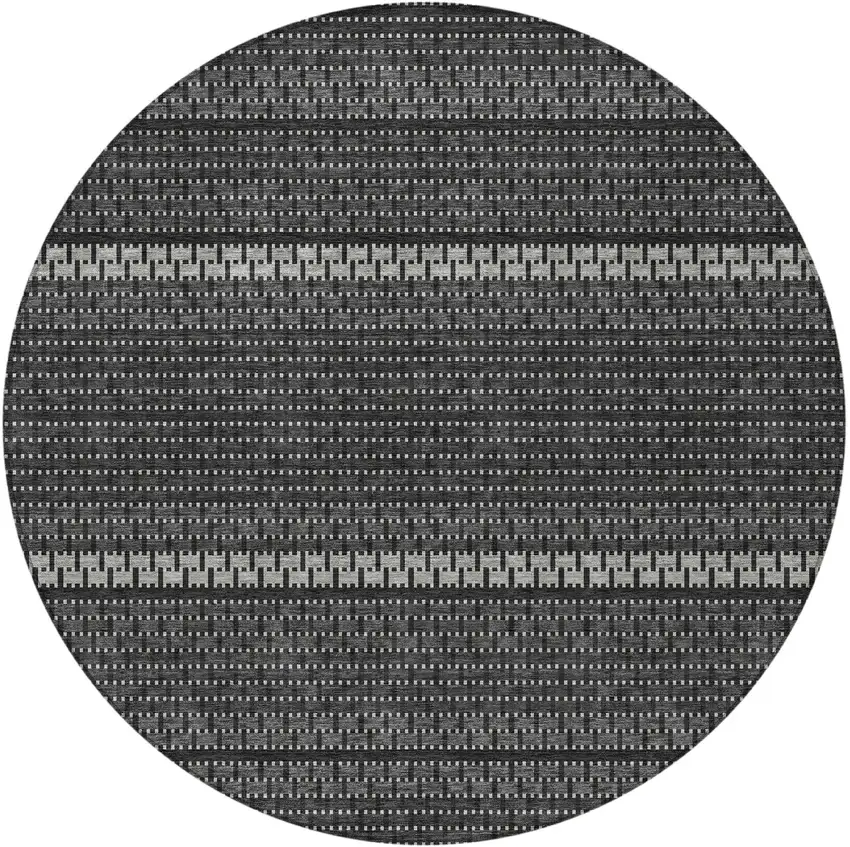 8' Black Gray And Silver Round Striped Washable Indoor Outdoor Area Rug Photo 3