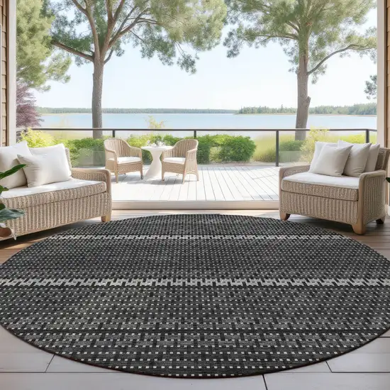 8' Black Gray And Silver Round Striped Washable Indoor Outdoor Area Rug Photo 4