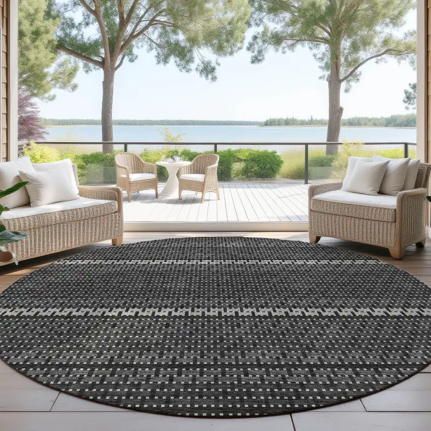 8' Black Gray And Silver Round Striped Washable Indoor Outdoor Area Rug Photo 4