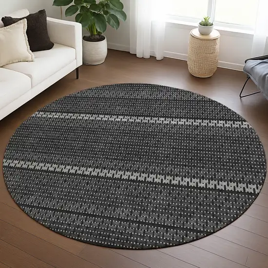 8' Black Gray And Silver Round Striped Washable Indoor Outdoor Area Rug Photo 5