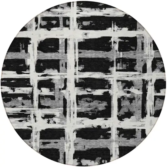 8' Black Gray And Silver Round Striped Washable Indoor Outdoor Area Rug Photo 6