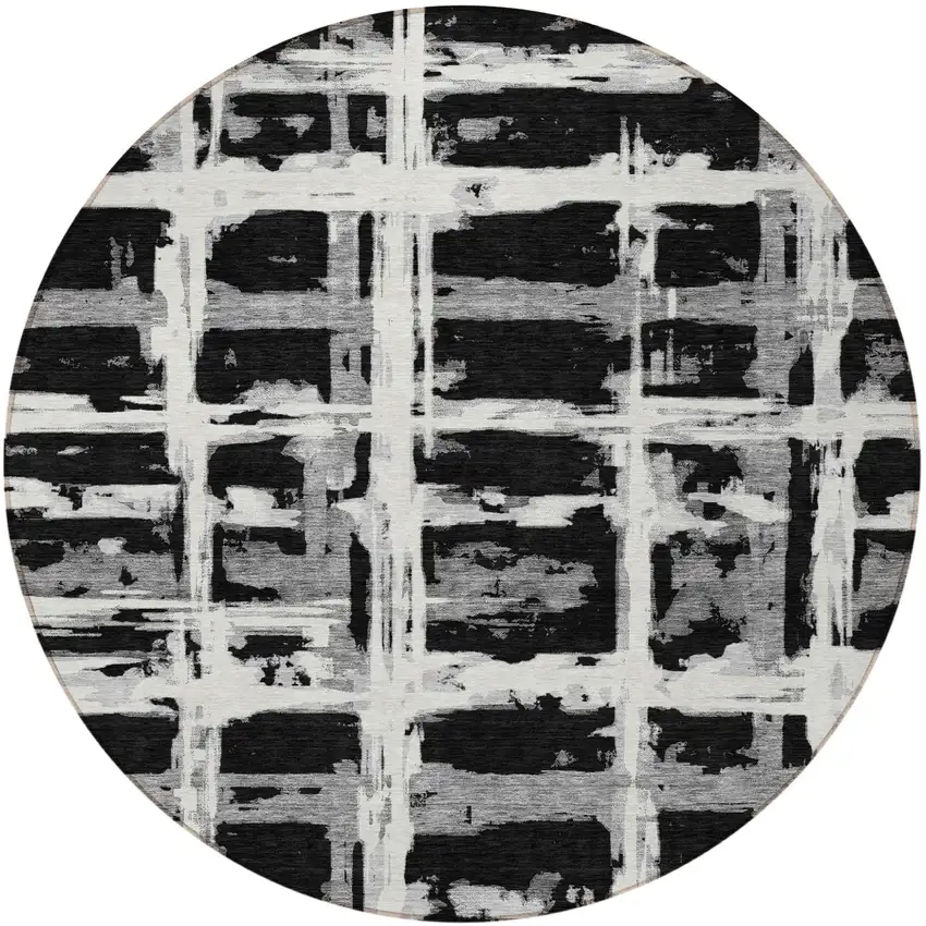 8' Black Gray And Silver Round Striped Washable Indoor Outdoor Area Rug Photo 6