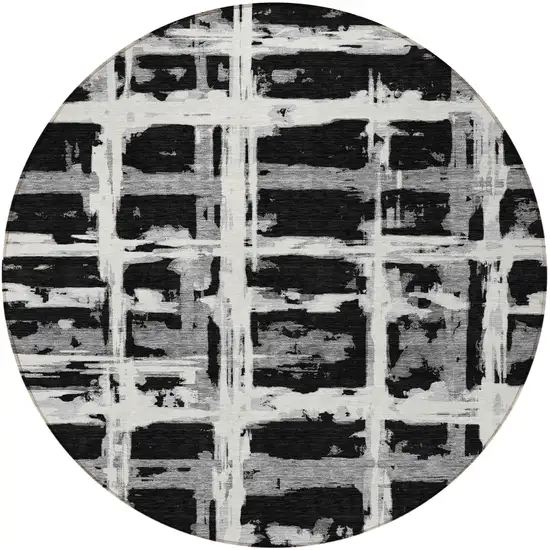 8' Black Gray And Silver Round Striped Washable Indoor Outdoor Area Rug Photo 6