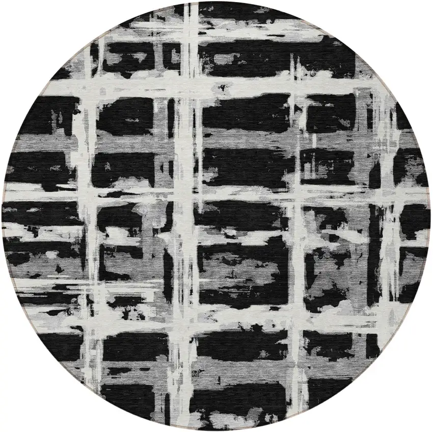 8' Black Gray And Silver Round Striped Washable Indoor Outdoor Area Rug Photo 6