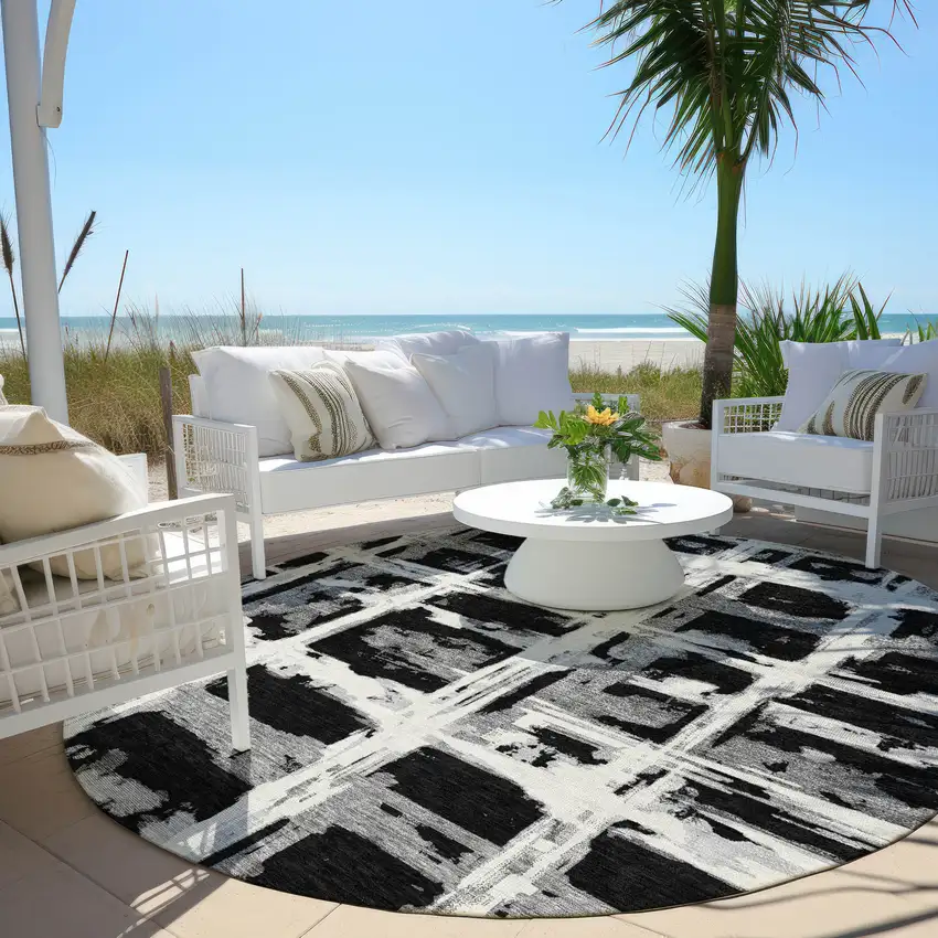 8' Black Gray And Silver Round Striped Washable Indoor Outdoor Area Rug Photo 8