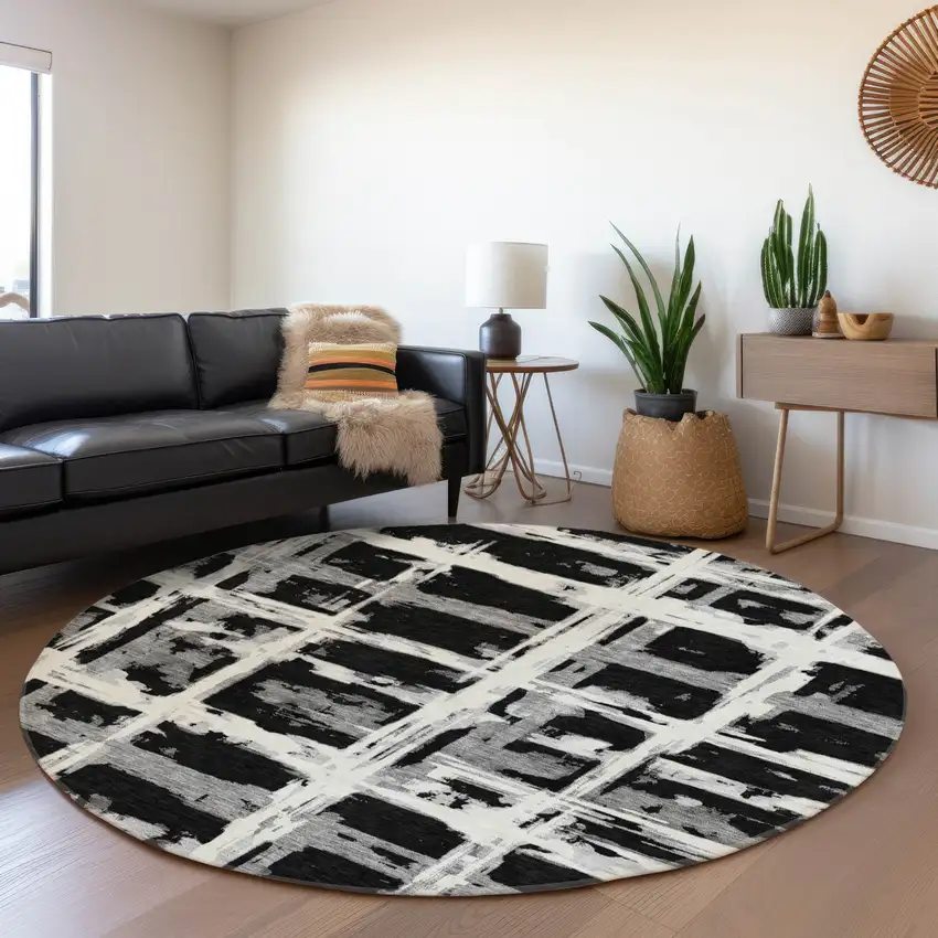 8' Black Gray And Silver Round Striped Washable Indoor Outdoor Area Rug Photo 9