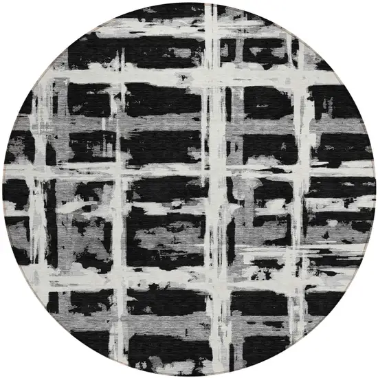 8' Black Gray And Silver Round Striped Washable Indoor Outdoor Area Rug Photo 1