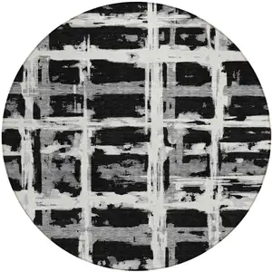 Photo of 8' Black Gray And Silver Round Striped Washable Indoor Outdoor Area Rug