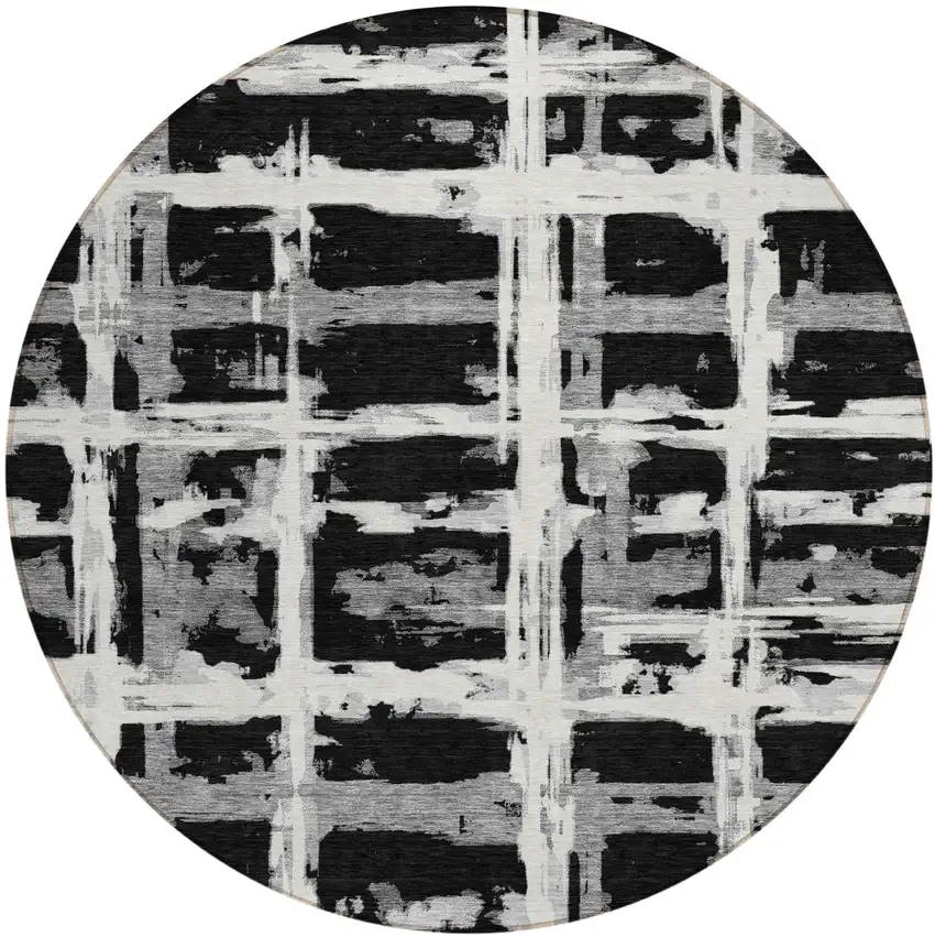 8' Black Gray And Silver Round Striped Washable Indoor Outdoor Area Rug Photo 1