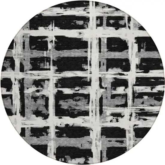 8' Black Gray And Silver Round Striped Washable Indoor Outdoor Area Rug Photo 1