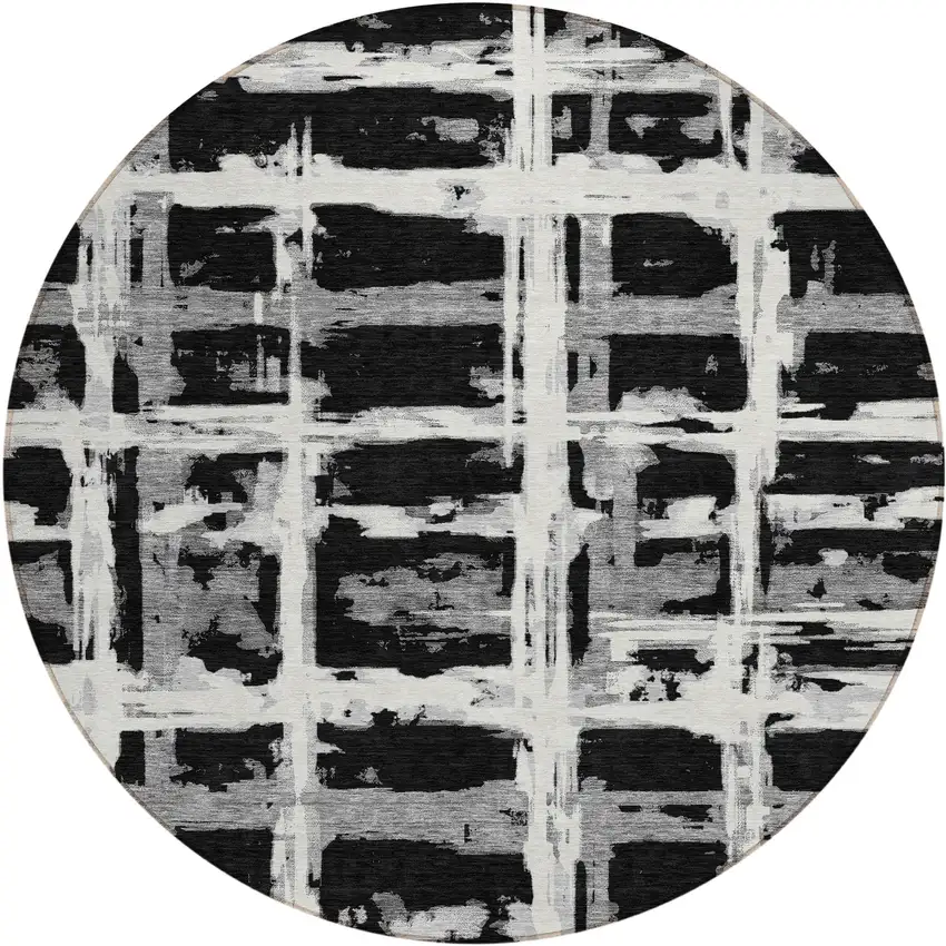 8' Black Gray And Silver Round Striped Washable Indoor Outdoor Area Rug Photo 1