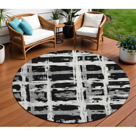 8' Black Gray And Silver Round Striped Washable Indoor Outdoor Area Rug Photo 1