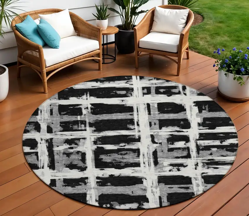 8' Black Gray And Silver Round Striped Washable Indoor Outdoor Area Rug Photo 1